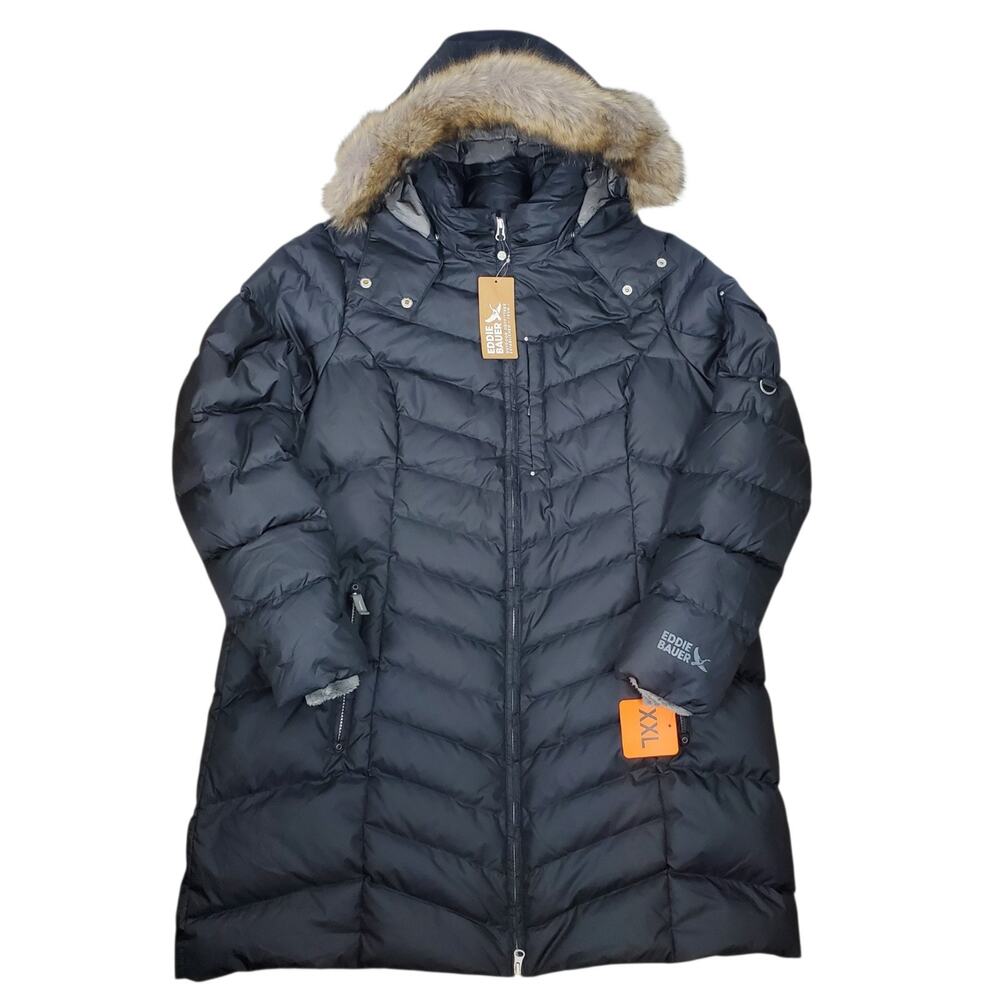 NEW Eddie Bauer Sun Valley Down Parka Coat Womens XXL Black 650 Fill Hooded